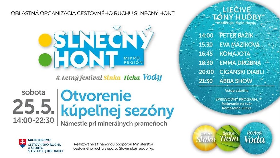 Plagát podujatia „Otvorenie kúpeľnej sezóny v Dudinciach“ 25. mája v Slnečnom Honte s programom, hudobnými vystúpeniami